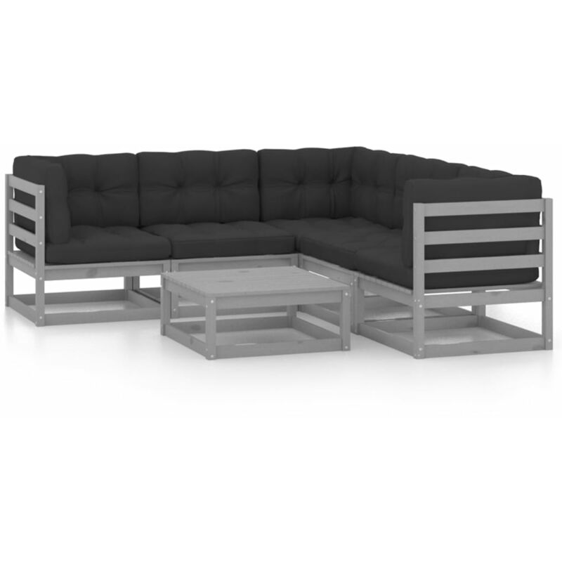 

Juego de muebles de jardín 6 pzas y cojines madera pino maciza - Gris - Youthup