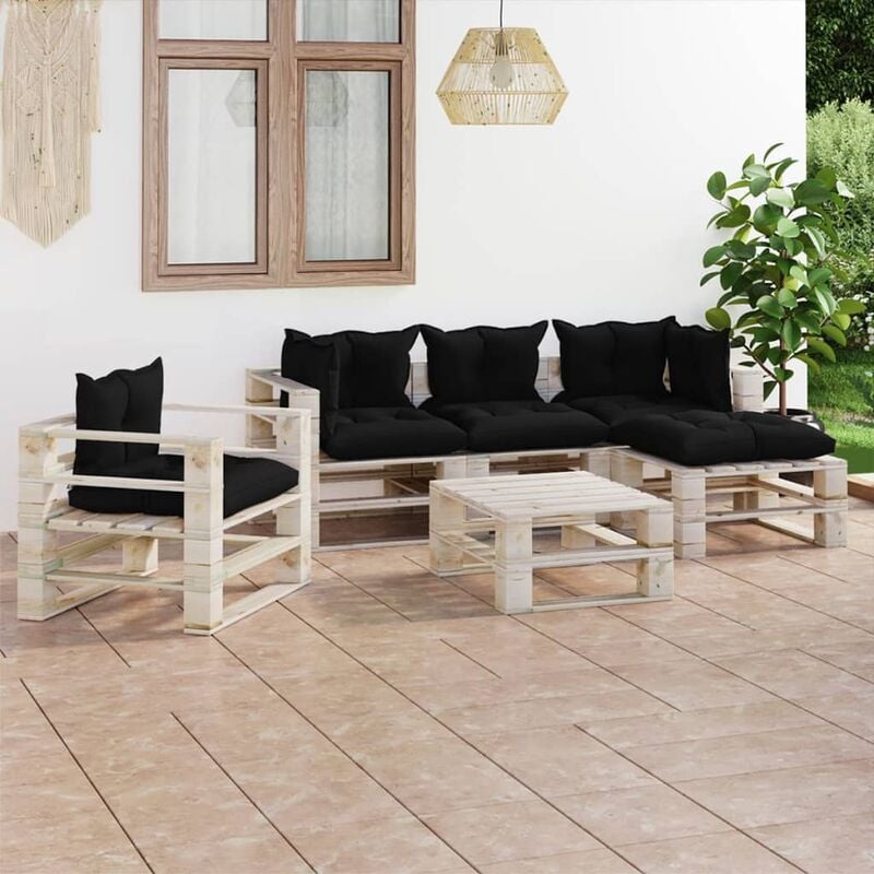 

Juego de muebles de jardín de palets 6 pzas cojines madera pino - Negro - Youthup