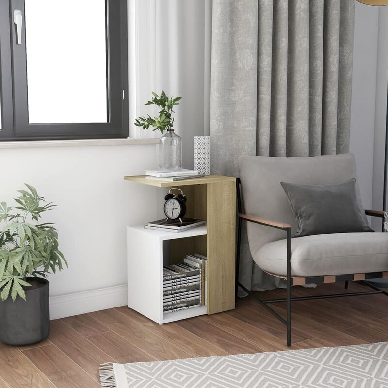 

Mesa auxiliar de aglomerado blanco y roble Sonoma 36x30x56 cm - Beige - Youthup