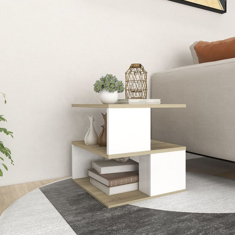 

Mesa auxiliar de aglomerado blanco y roble Sonoma 40x40x40 cm - Beige - Youthup
