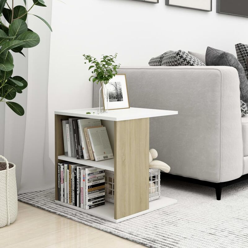 

Mesa auxiliar de aglomerado blanco y roble Sonoma 45x45x48 cm - Beige - Youthup