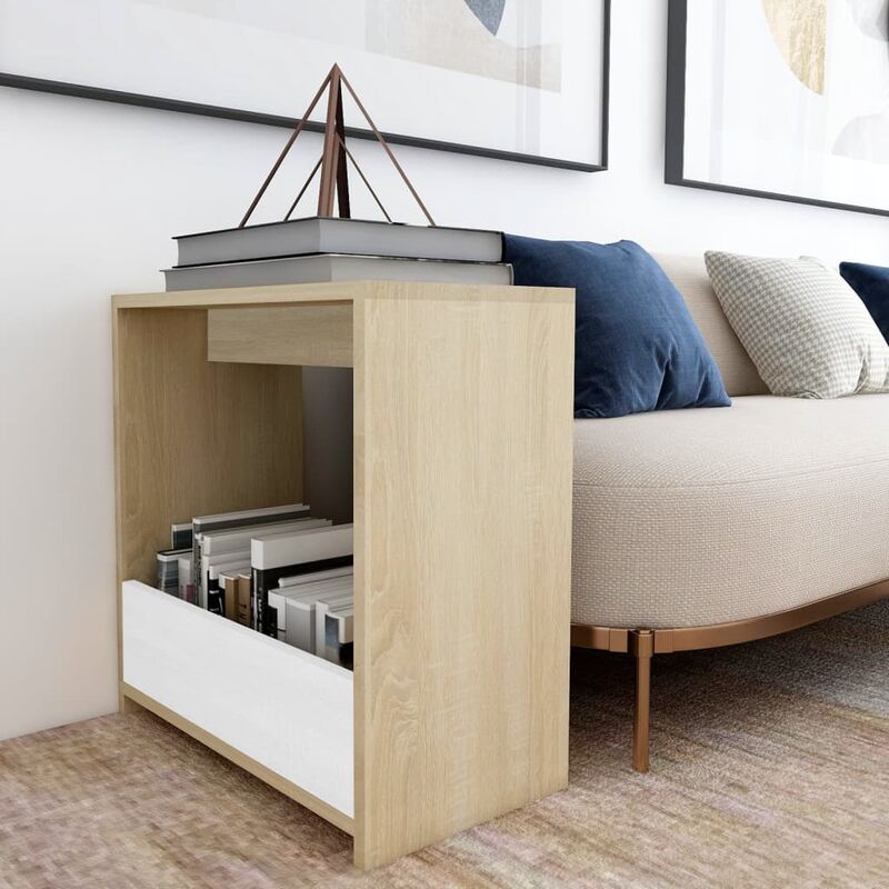 

YOUTHUP Mesa auxiliar de aglomerado blanco y roble Sonoma 50x26x50 cm - Beige