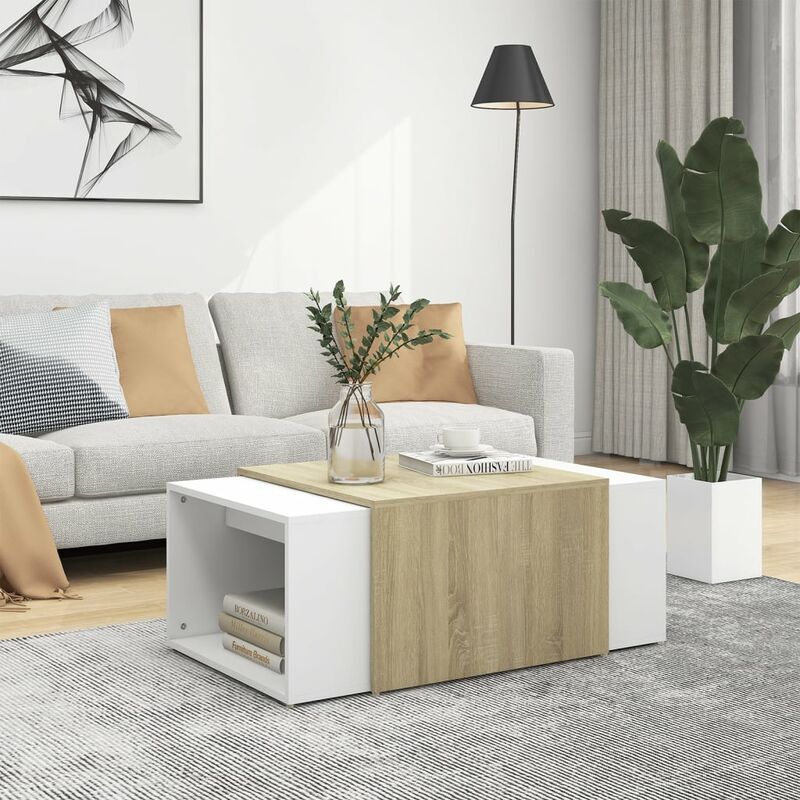 

Mesa de centro 3 pzas aglomerado blanca roble Sonoma 60x60x30cm - Beige - Youthup