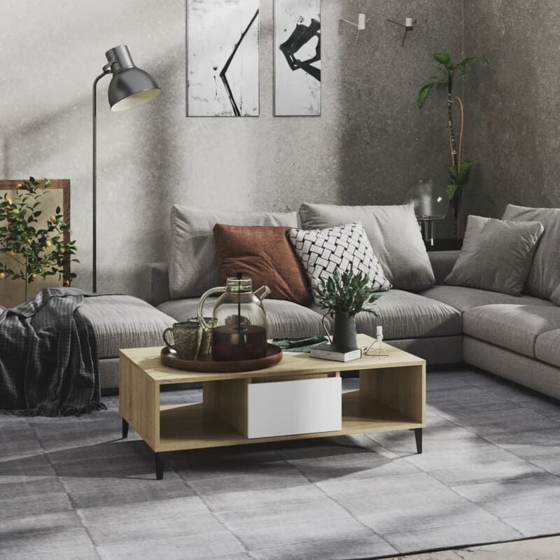 

Mesa de centro aglomerado blanco y roble Sonoma 103,5x60x35 cm - Beige - Youthup
