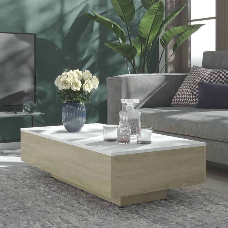 

Mesa de centro de aglomerado blanco y roble Sonoma 115x60x31 cm - Beige - Youthup