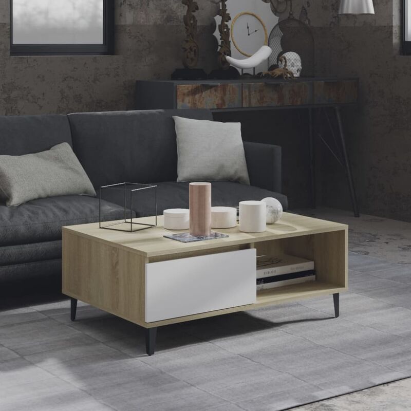 

YOUTHUP Mesa de centro de aglomerado blanco y roble Sonoma 90x60x35 cm - Beige