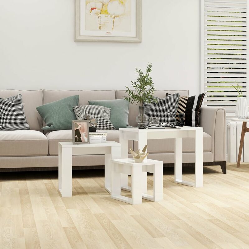 

Mesas apilables 3 piezas aglomerado gris con brillo - Blanco - Youthup