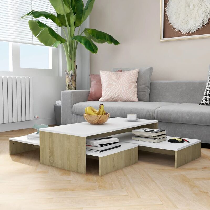

Mesas de centro apilables blanco y roble Sonoma 100x100x26,5 cm - Beige - Youthup