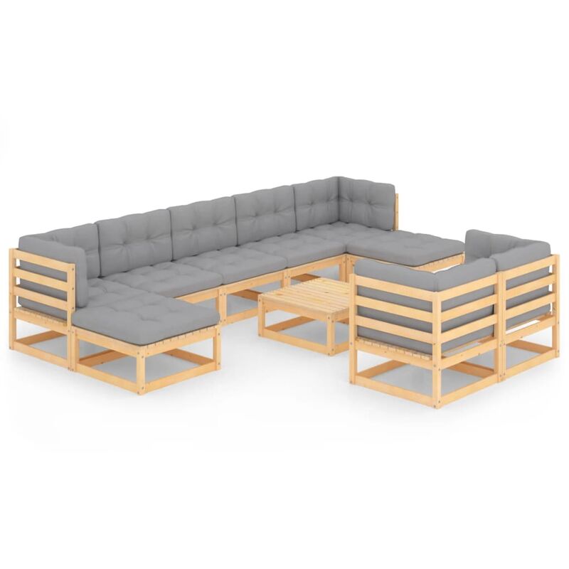 

Muebles de jardín 10 piezas con cojines de madera de pino maciza - Marrón - Youthup