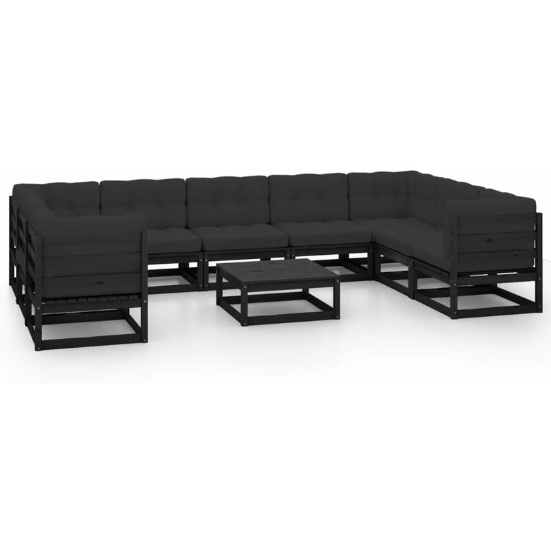 

Muebles de jardín 10 pzas y cojines negro madera maciza de pino - Negro - Youthup