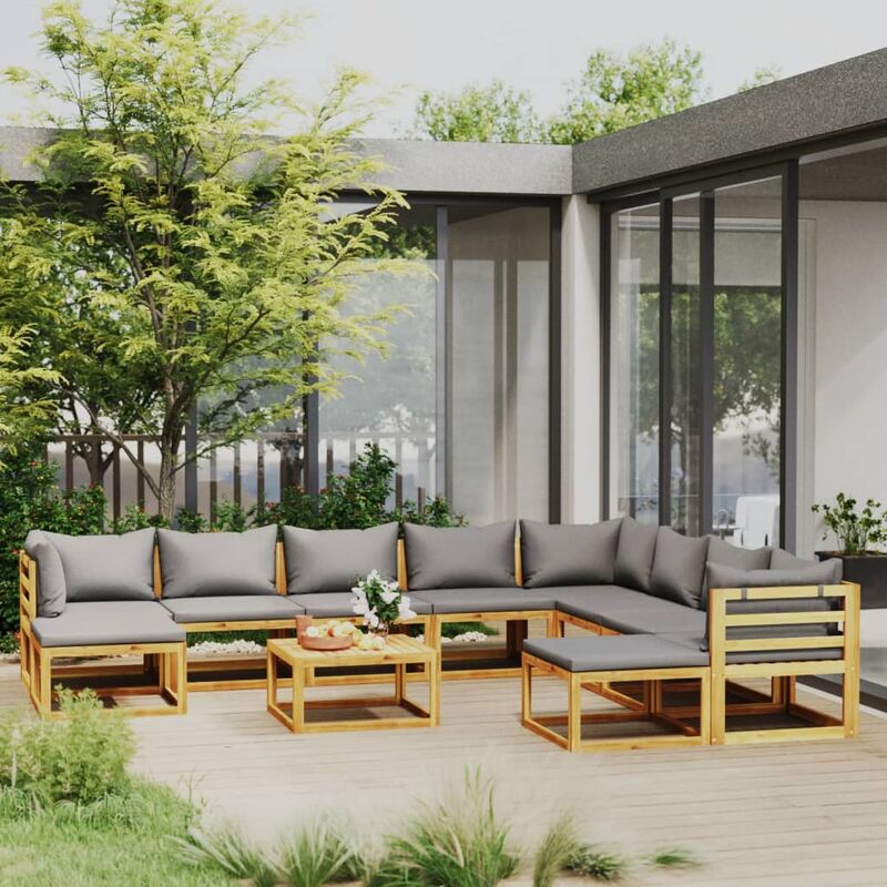 

Muebles de jardín 11 pzas cojines madera maciza de acacia - Gris - Youthup