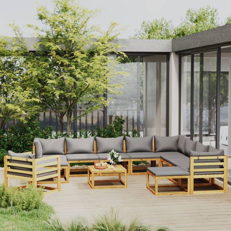 

Muebles de jardín 12 pzas cojines madera maciza de acacia - Gris - Youthup