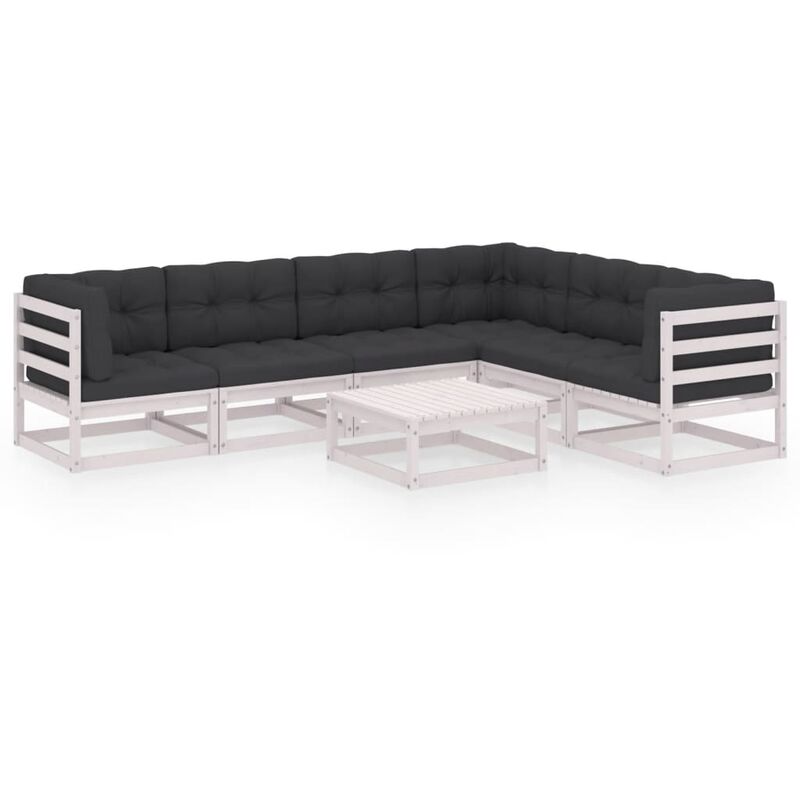 

Muebles de jardín 7 piezas con cojines blanco madera de pino - Blanco - Youthup