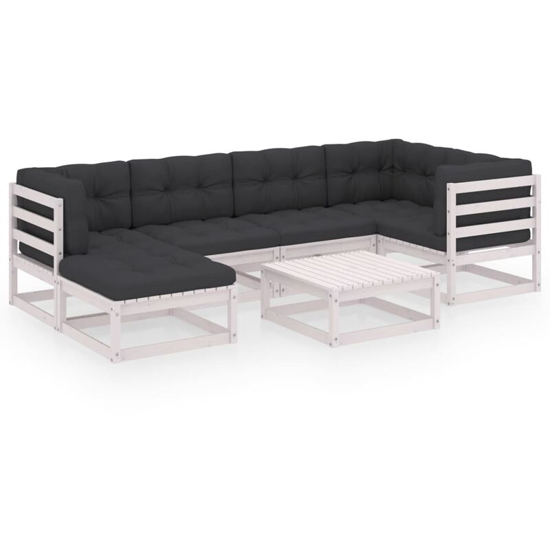 

Muebles de jardín 7 piezas con cojines de madera de pino maciza - Blanco - Youthup