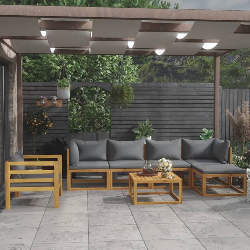 

Muebles de jardín 7 pzas cojines madera maciza de acacia - Gris - Youthup