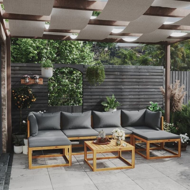 

Muebles de jardín 7 pzas cojines madera maciza de acacia - Gris - Youthup