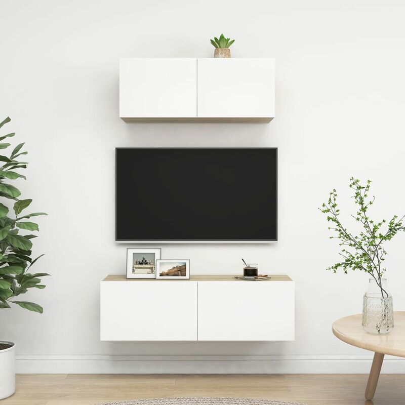 

Muebles de pared de TV 2 pzas aglomerado blanco y roble Sonoma - Beige - Youthup