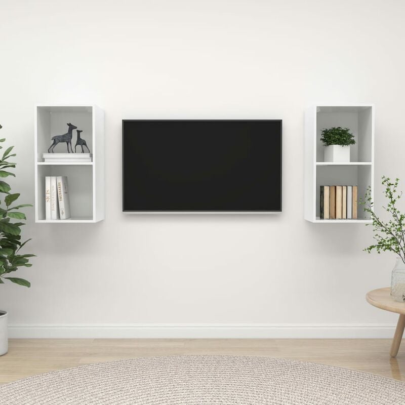

Muebles de pared para TV 2 uds aglomerado blanco con brillo - Blanco - Youthup