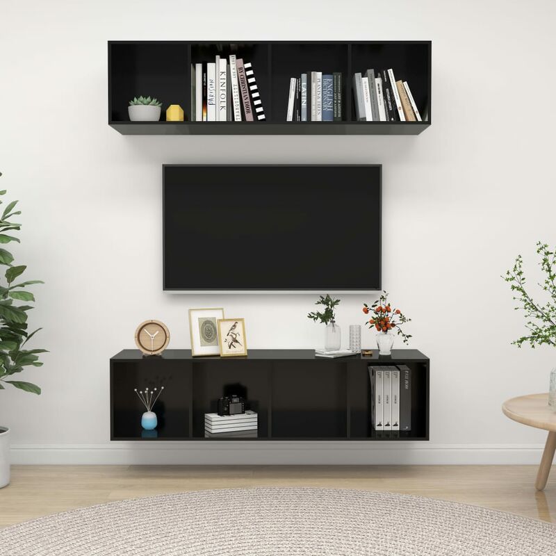 

Muebles de pared para TV 2 uds aglomerado negro con brillo - Negro - Youthup