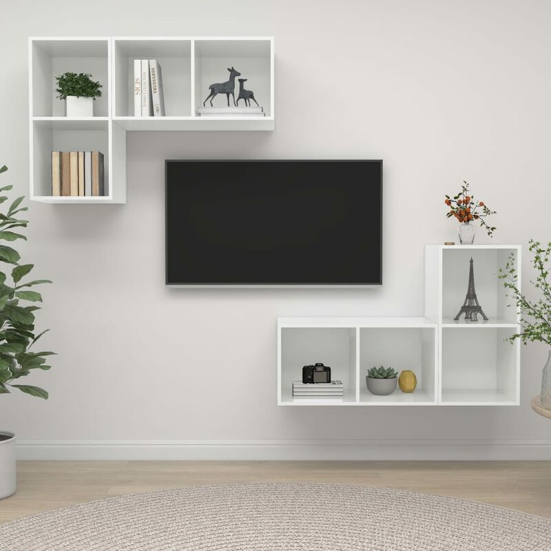 

Muebles de pared para TV 4 uds aglomerado blanco con brillo - Blanco - Youthup