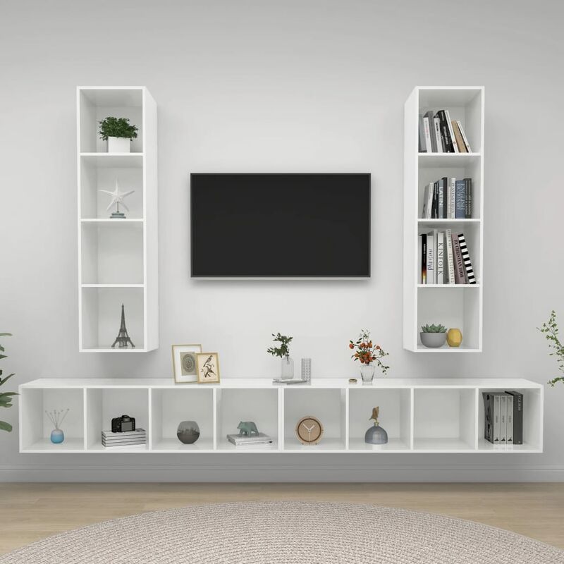 

Muebles de pared para TV 4 uds aglomerado blanco con brillo - Blanco - Youthup