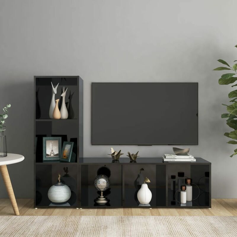 

Muebles para TV 2 uds aglomerado negro brillante 107x35x37 cm - Negro - Youthup