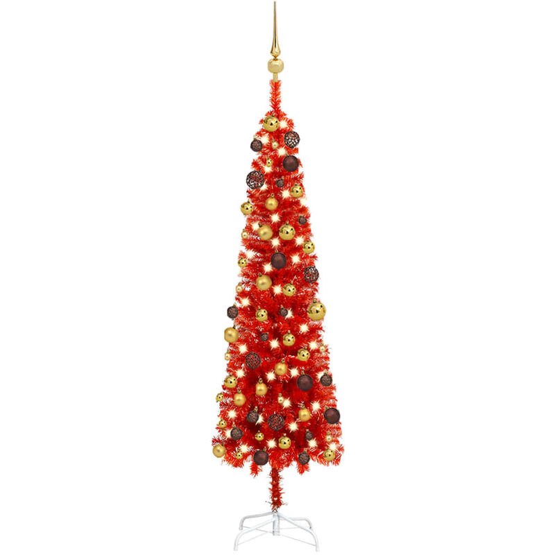 

Árbol de Navidad artificial estrecho LED y bolas rojo 150 cm - Youthup