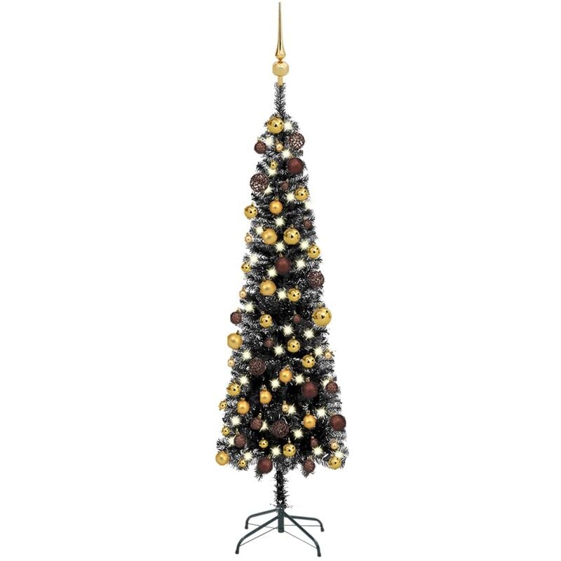 

Árbol de Navidad estrecho con LEDs y bolas negro 180 cm - Youthup