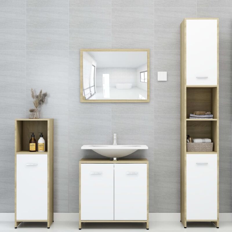 

Set de muebles de baño 4 pzas aglomerado blanco y roble sonoma - Beige - Youthup