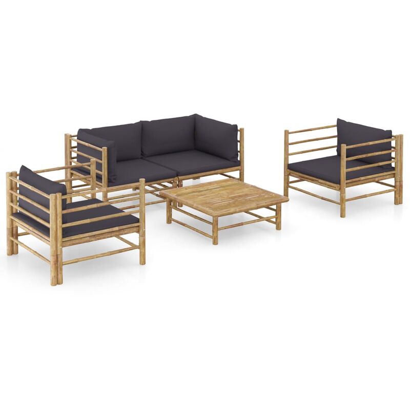 

Set de muebles de jardín 5 piezas bambú y cojines gris oscuro - Marrón - Youthup