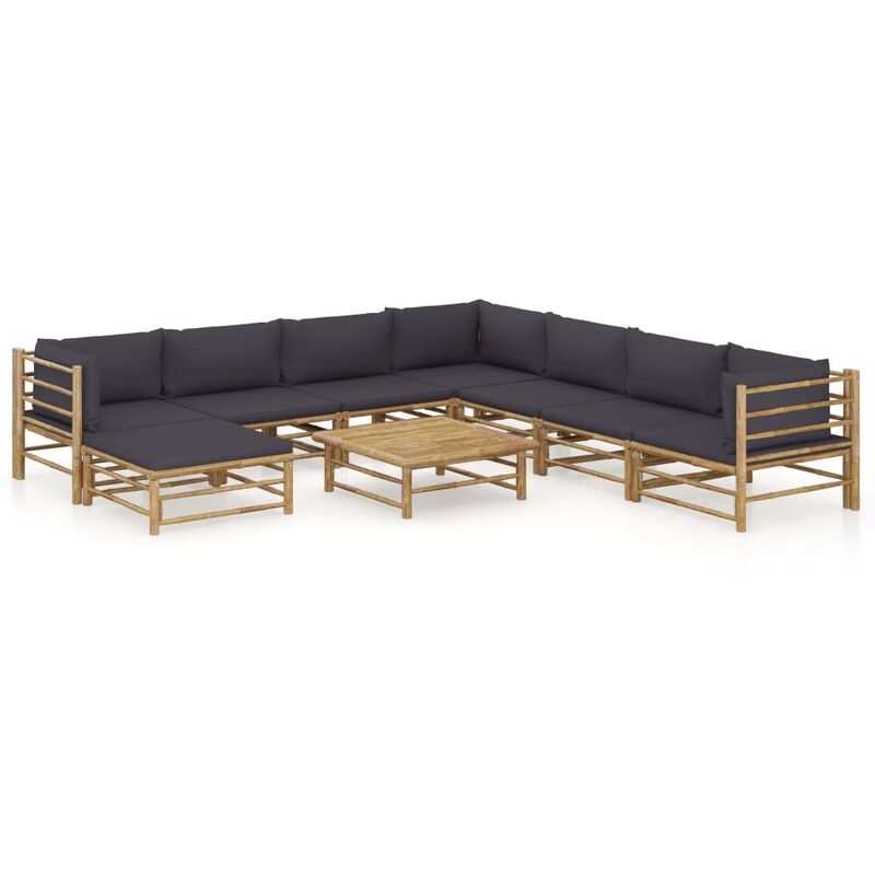 

Set de muebles de jardín 9 piezas bambú y cojines gris oscuro - Marrón - Youthup