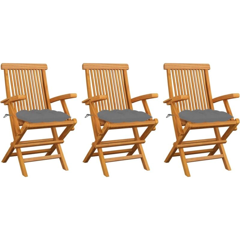 

Sillas de jardín 3 uds madera maciza de teca y cojines grises - Gris - Youthup