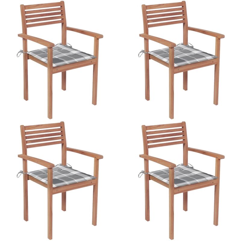 

Sillas de jardín 4 uds madera maciza teca cojines cuadros gris - Youthup
