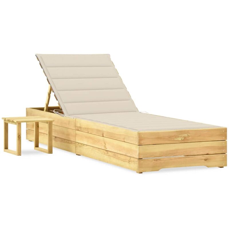 

Tumbona de jardín con mesa y cojín de madera de pino impregnada - Crema - Youthup