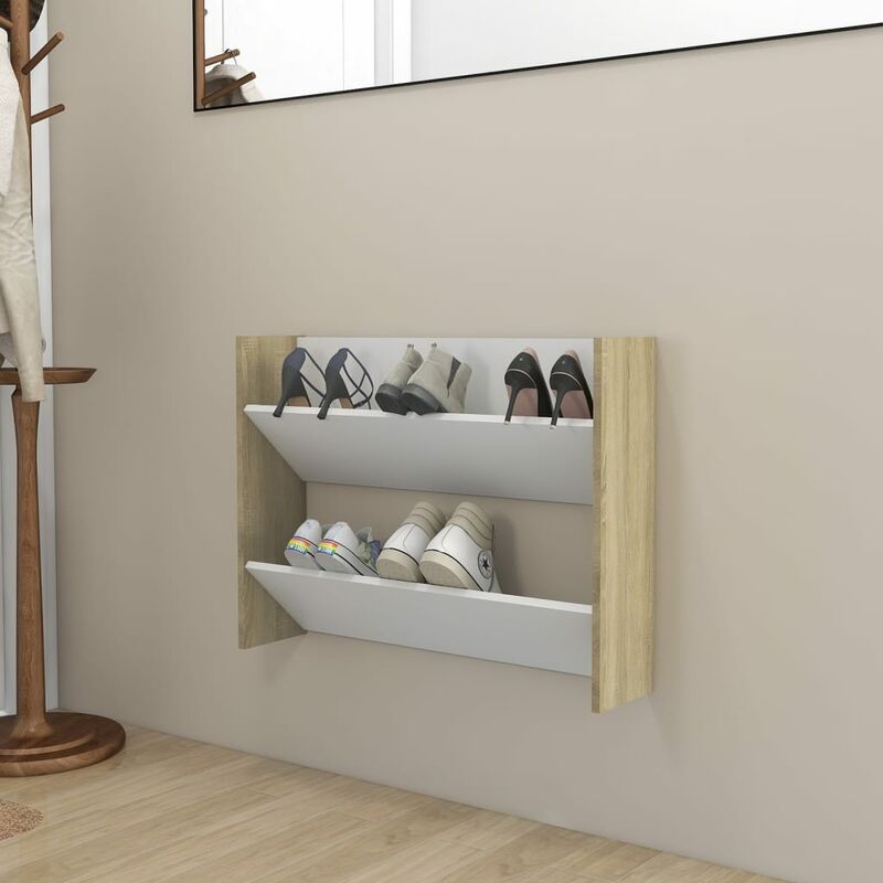 

Zapatero de pared aglomerado blanco roble Sonoma 80x18x60 cm - Beige - Youthup