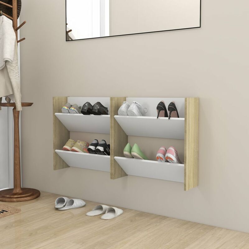 

Zapatero pared 2 uds blanco roble Sonoma aglomerado 60x18x60cm - Beige - Youthup