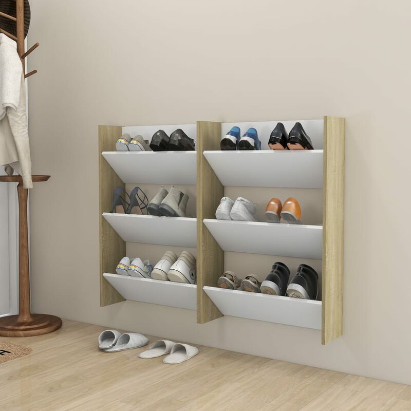 

Zapatero pared 2 uds blanco roble Sonoma aglomerado 60x18x90cm - Beige - Youthup