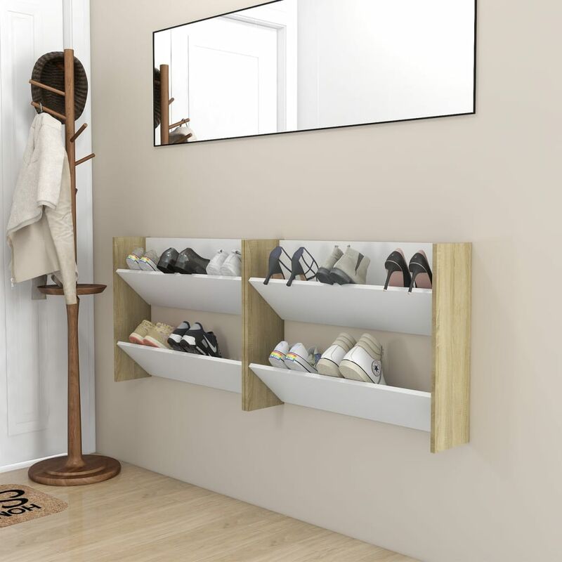 

Zapatero pared 2 uds blanco roble Sonoma aglomerado 80x18x60 cm - Beige - Youthup