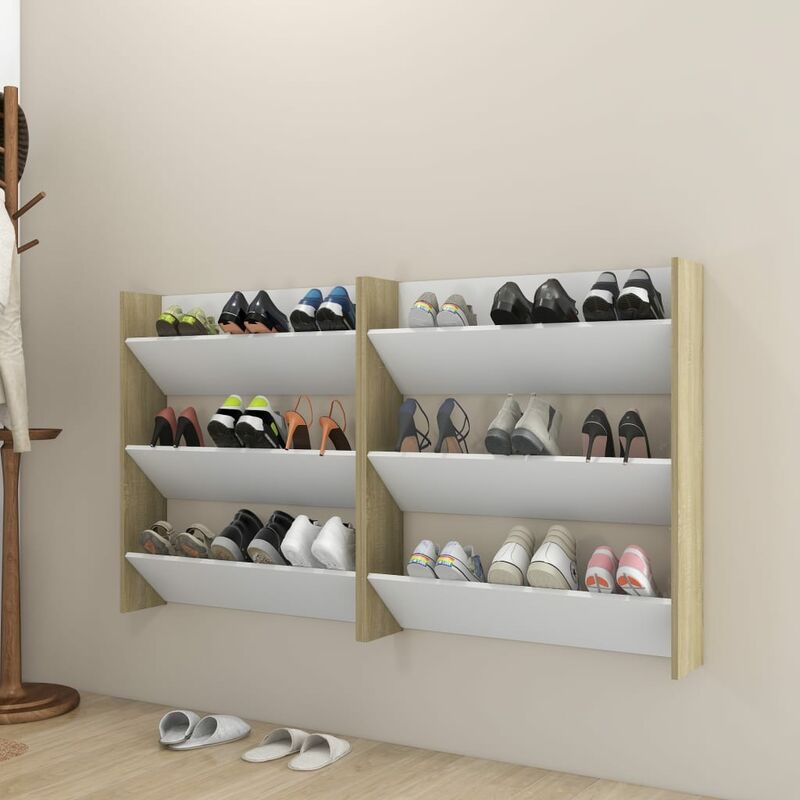 

Zapatero pared 2 uds blanco roble Sonoma aglomerado 80x18x90cm - Beige - Youthup