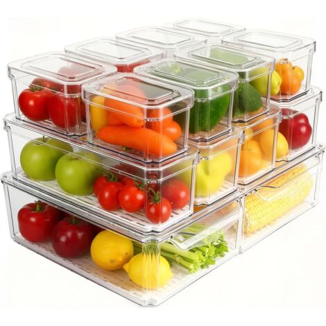 Youyijia 14-teiliges Kühlschrank-Organizer Set mit Deckeln  Stapelbare Aufbewahrungsbehälter aus BPA-freiem Kunststoff, 3 Größen mit Ablauflöchern für Frischhaltung (Set of 14)