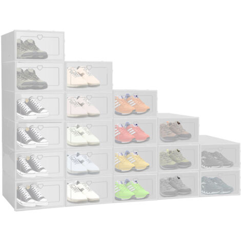 Youyijia 24pcs Shoe Storage Box Stackable, Clear Plastic Shoe Boxes 34x23x14cm - Foldable Shoe Organizer Containers with Lids Transparent Plastic Storage Box Suitable for Women White RED001