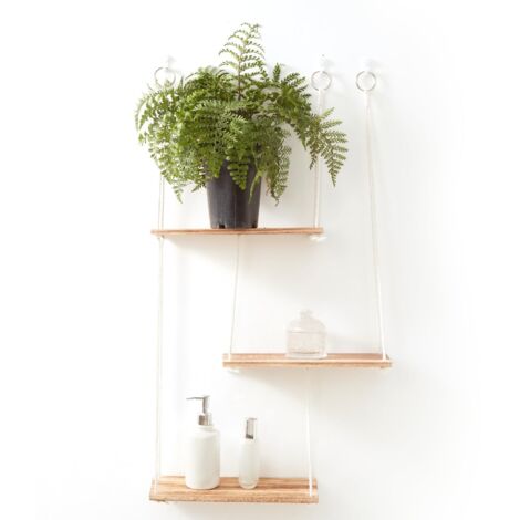 Youyijia 3 Tier Hanging Floating Shelves Wooden Wall Mounted Storage Shelf with String Rope Boho Wall Decor Rustic Display Shelving for Hanging Plants Photos for Kitchen Bathroom Bedroom Nursery (1PC)
