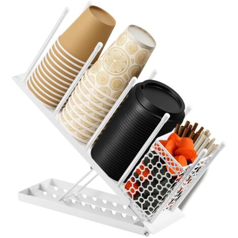 Youyijia Adjustable 4-Compartment Cup & Lid Holder with Removable Straw Basket Heavy-Duty Metal Coffee Cup Dispenser for Bar Office Restaurant Organizes 100 Disposable Cups Straws & Pods (White)