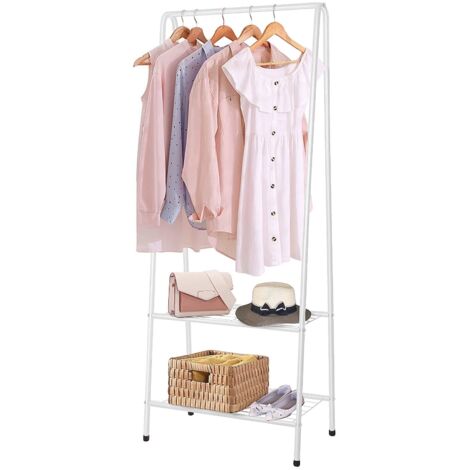 Youyijia Kleiderständer Metall Kleiderstange 60 cm x 151 cm Kleiner Garderobenständer für Schlafzimmer mit Schuhablage Kleiderstange mit Zwei Regalen Kleiderstangen für Kleidung (Weiß)