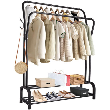 Youyijia Kleiderständer Metall Kleiderstange mit Lagerregal Freistehender Doppelruten Kleiderbügel 146x37x110cm Garderobenständer Trockengestell für Schlafzimmer Waschräume Schwarz
