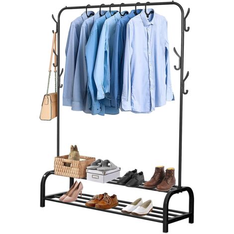 Youyijia Kleiderständer Stabil Metall Kleiderstange Freistehender Kleiderbügel Mit Ablage Schlafzimmer Single Pole Kleideraufbewahrung Mit 2-Stufiger Storage Shelf Und 6 Haken Bügel (Schwarz)