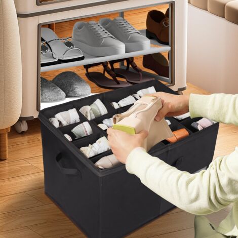 Youyijia Shoe Storage Box for Closet Foldable Shoe Storage Organiser Containers with Clear Lid and Reinforced Handles  Fits 16-Pair Slippers Space-Saving Shoe Organiser Bin for Closet (Black)
