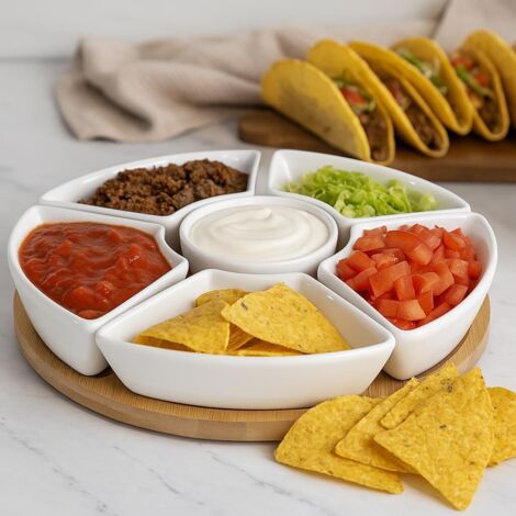 Youyijia Taco Bar Ceramic Serving Platter Christmas Rotating Snack Tray with 6 Removable Bowls, Divided Serving Dish for Tacos, Chips Dips – Elegant White Serving Tray for Parties Family Dinners Enter