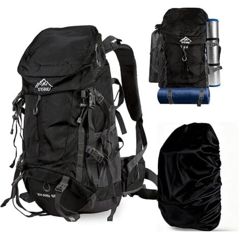 Youyijia Wanderrucksack 60L wasserdicht  Leichter Trekkingrucksack mit Regenhülle, ergonomischem Tragesystem & Trinksystem-Anschluss, großes Schuhfach (Schwarz)