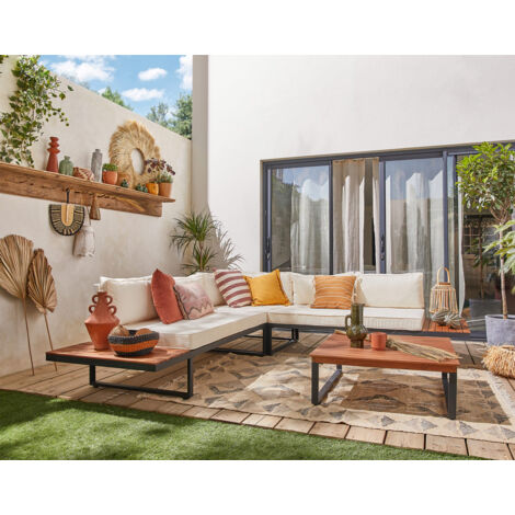 BESTMOBILIER Yulara - salon bas d'angle de jardin 5 places - bois, métal et coussins beiges